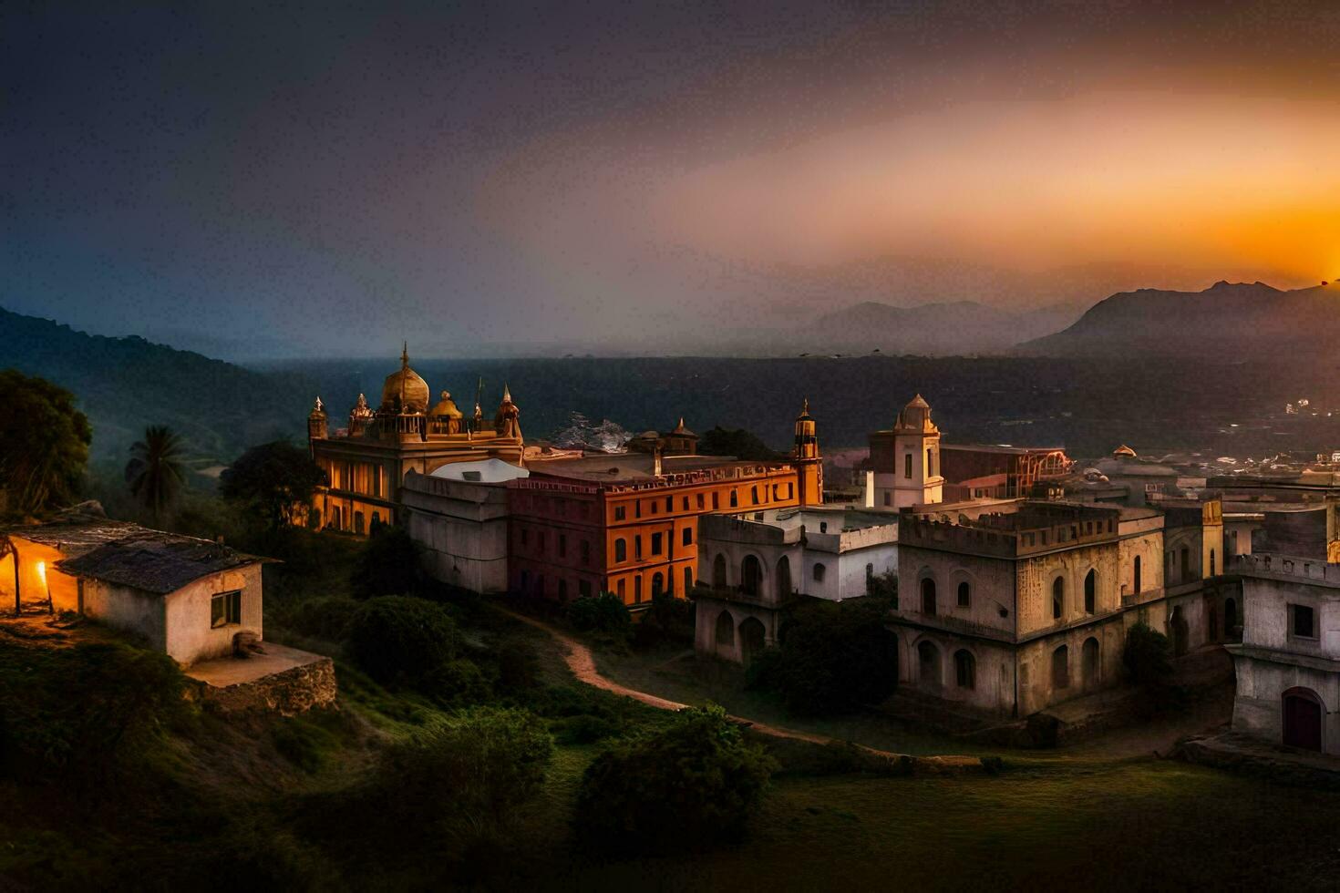 the sun sets over an old town in india. AI-Generated photo