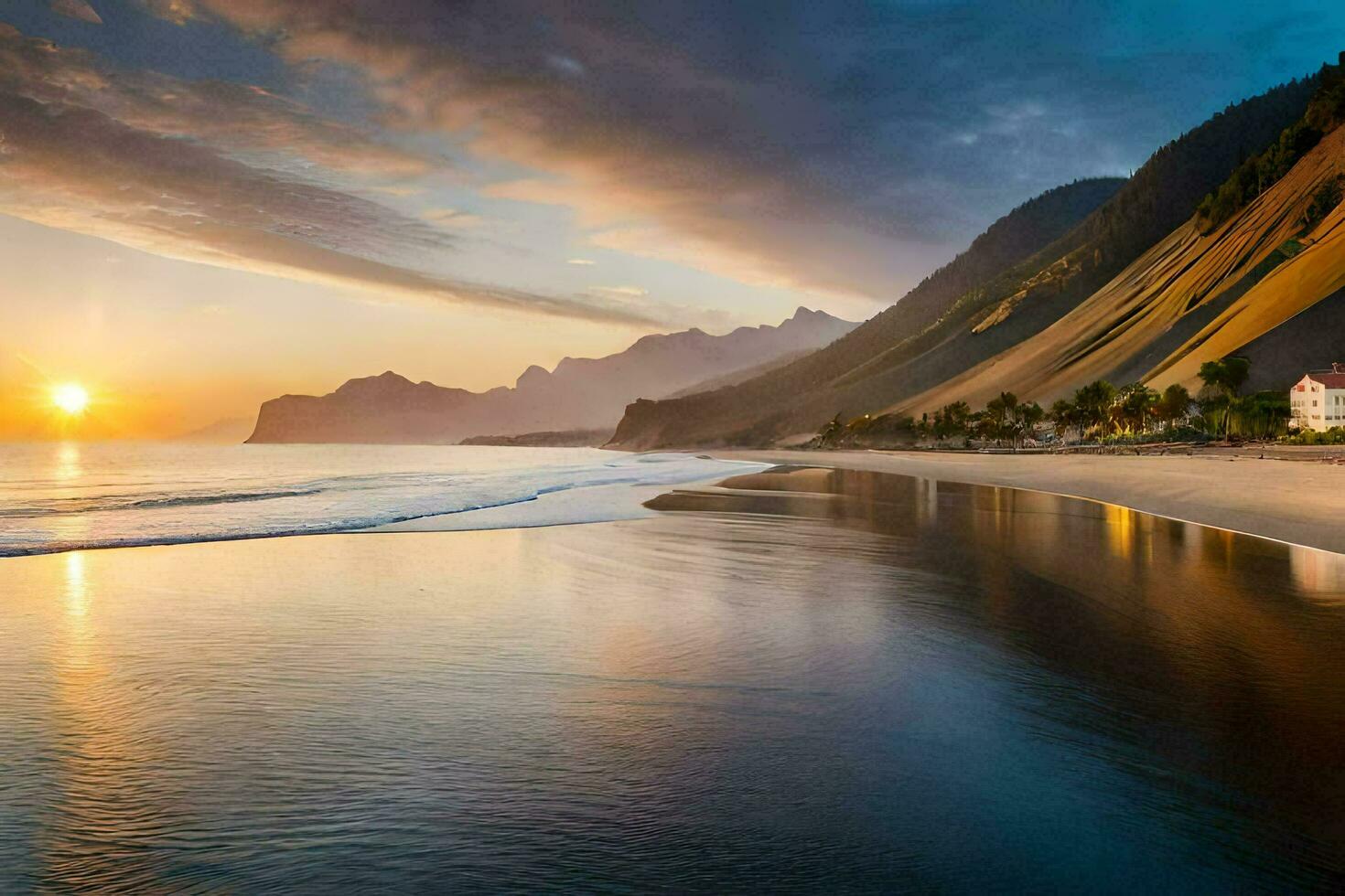 the sun sets on the beach in the faroe islands. AI-Generated photo