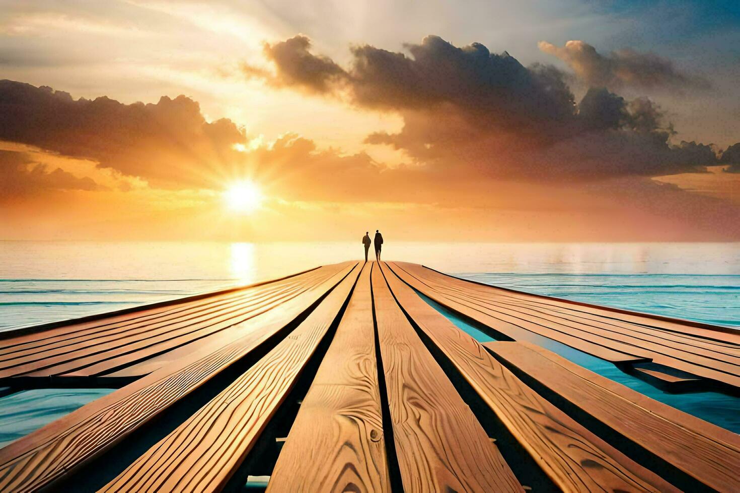 a man and woman stand on a wooden pier at sunset. AI-Generated photo
