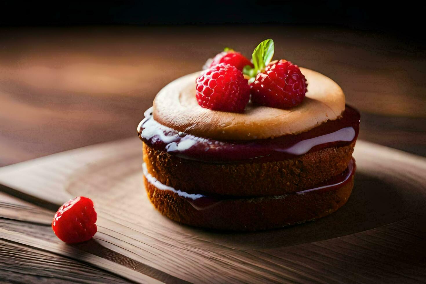 a small cake with raspberries on top. AI-Generated photo