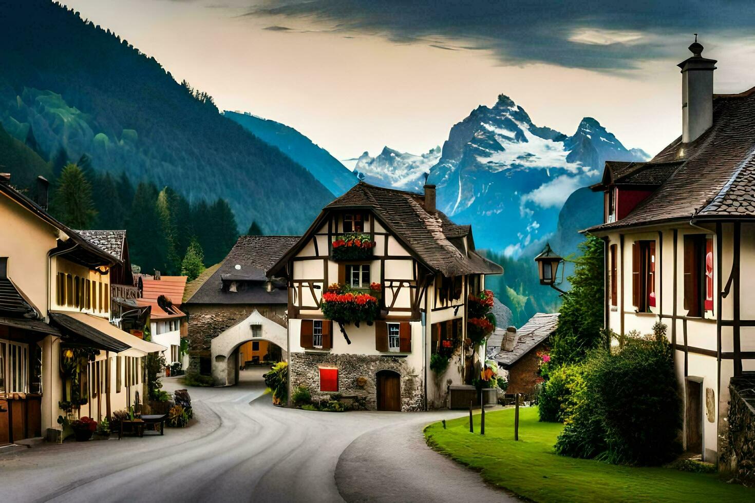 photo wallpaper the sky, mountains, houses, road, village, alpine, germany. AI-Generated