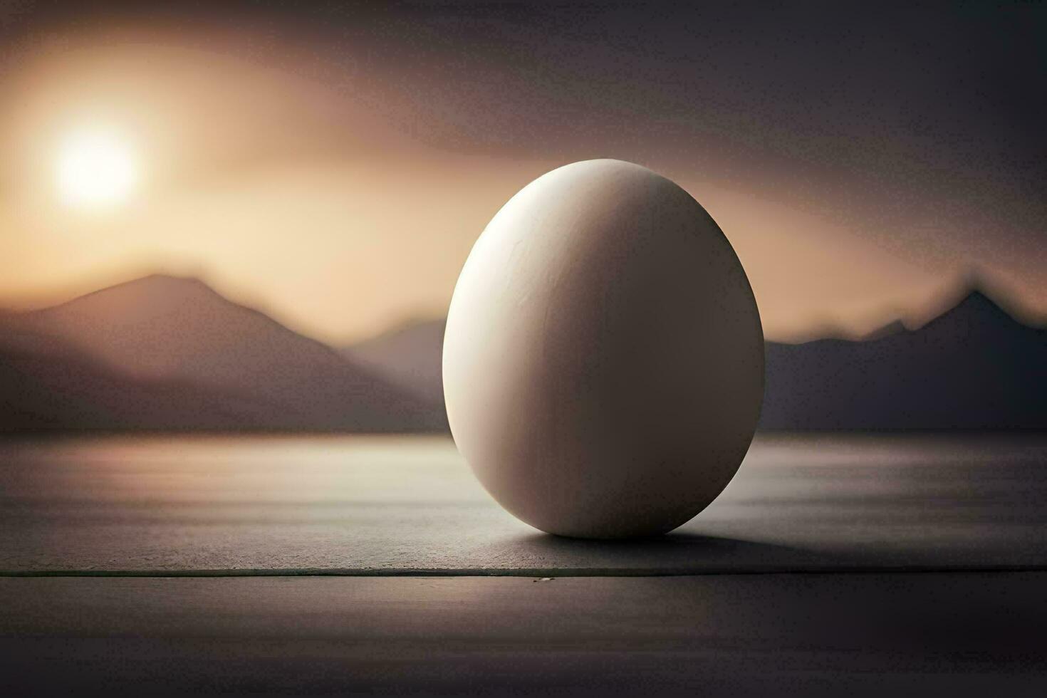 an egg sitting on a table in front of a mountain. AI-Generated photo