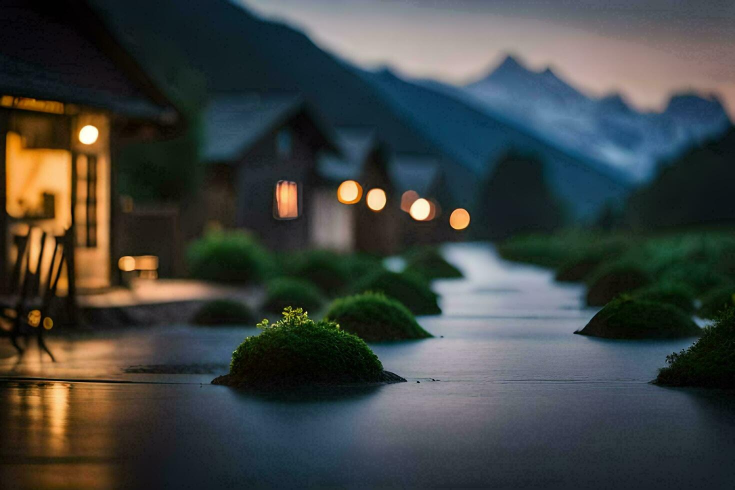 photo wallpaper the sky, mountains, house, the moon, the water, the mountains, the. AI-Generated