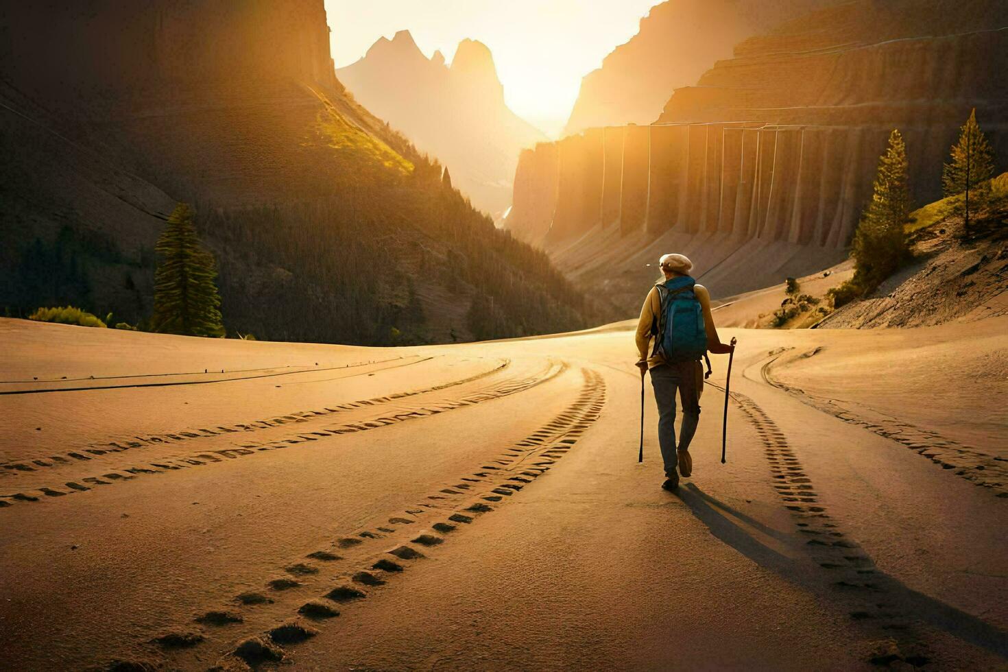 a person walking through the desert with their backpack on. AI-Generated photo