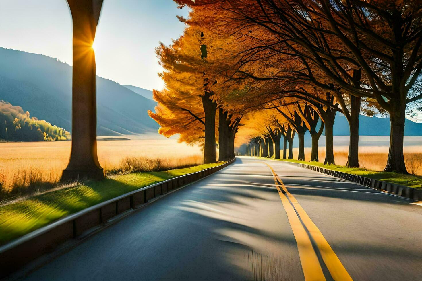 a road lined with trees in the fall. AI-Generated photo