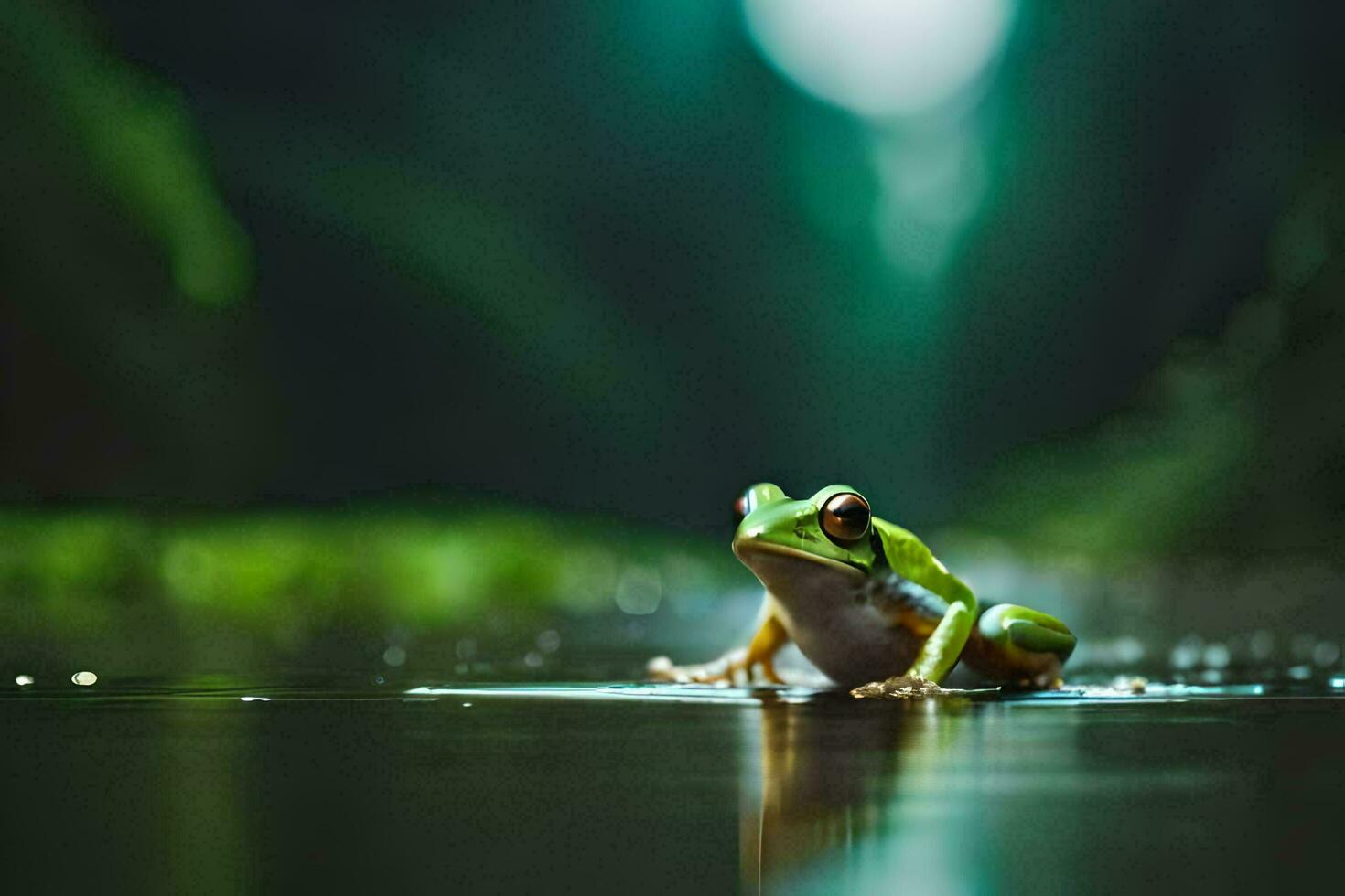 a frog sitting on the water in a forest. AI-Generated photo