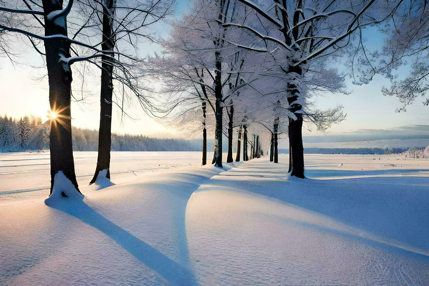a snowy field with trees and the sun shining. AI-Generated photo