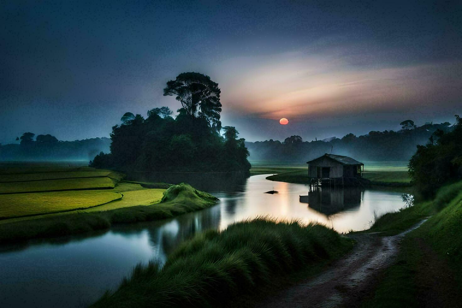 the sun rises over the rice fields. AI-Generated photo