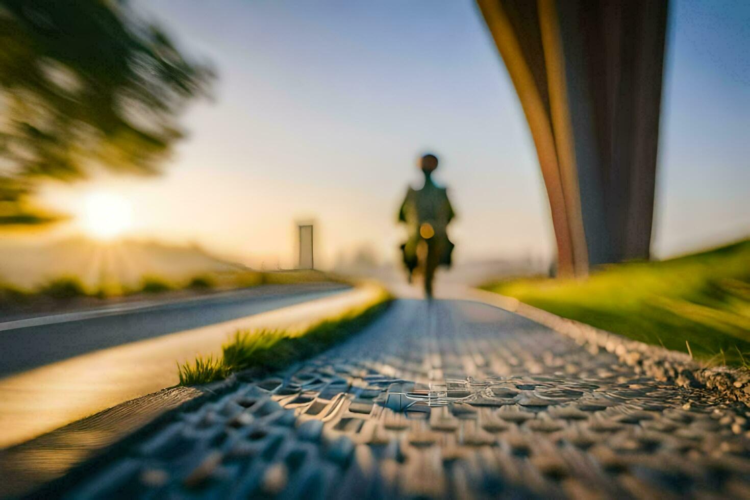 a person walking on a path with the sun setting behind them. AI-Generated photo