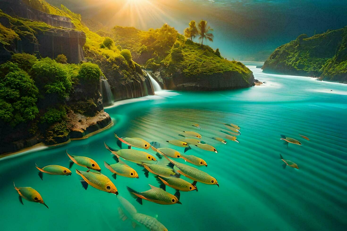 a group of fish swimming in the ocean. AI-Generated photo