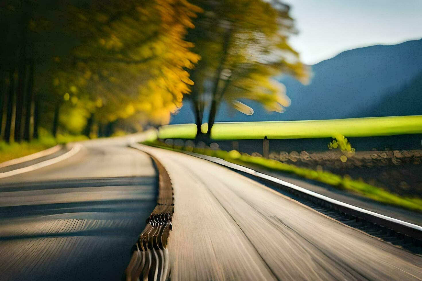 a blurry image of a road with a train track. AI-Generated photo