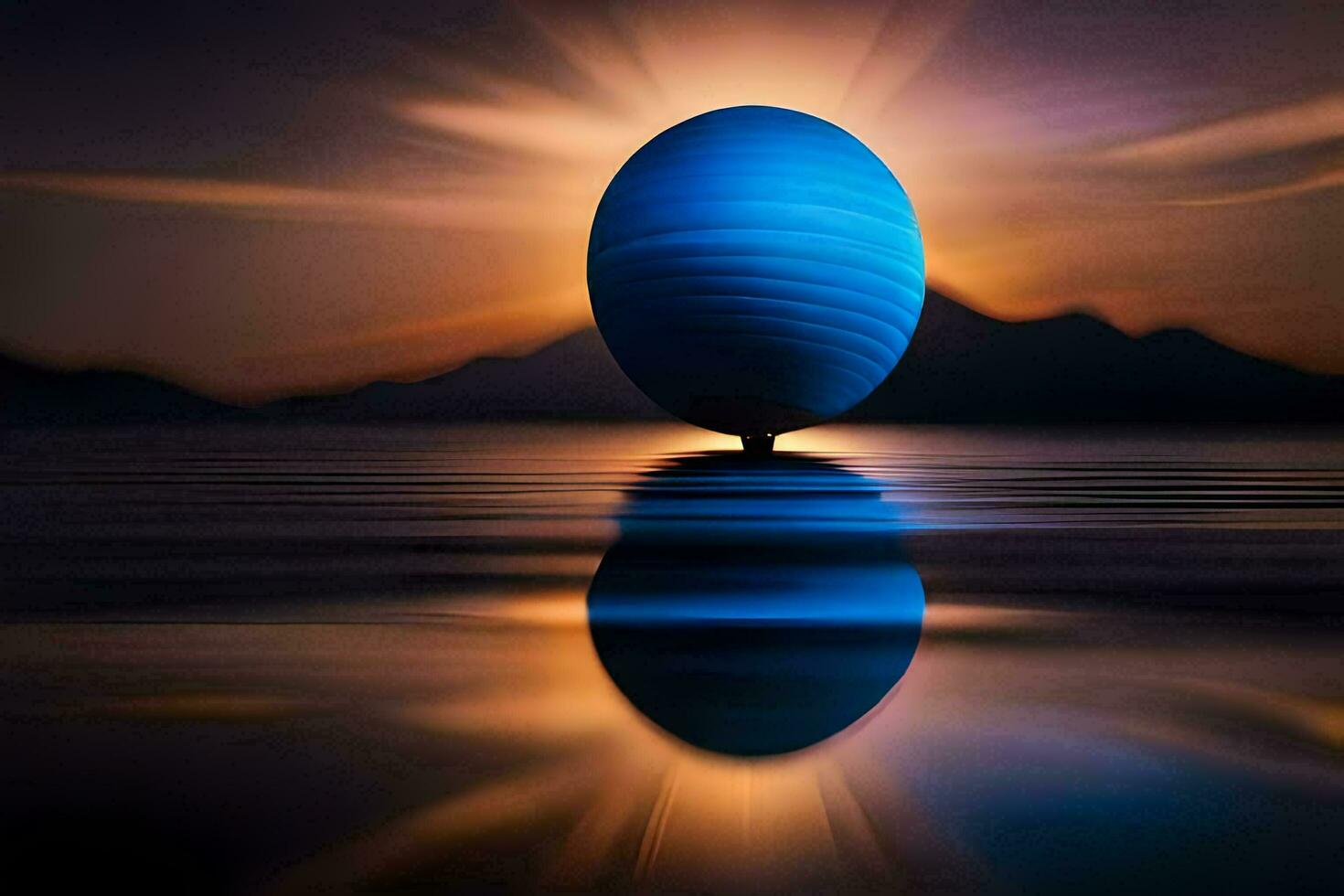 a blue sphere floating in the water at sunset. AI-Generated photo