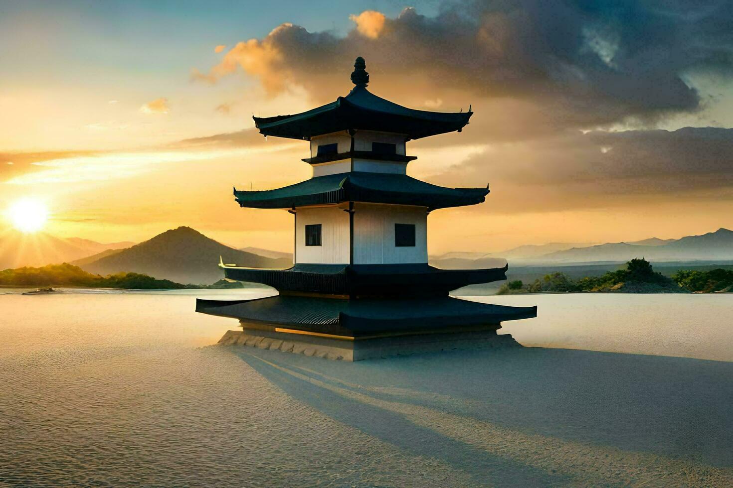 a pagoda stands in the sand at sunset. AI-Generated photo