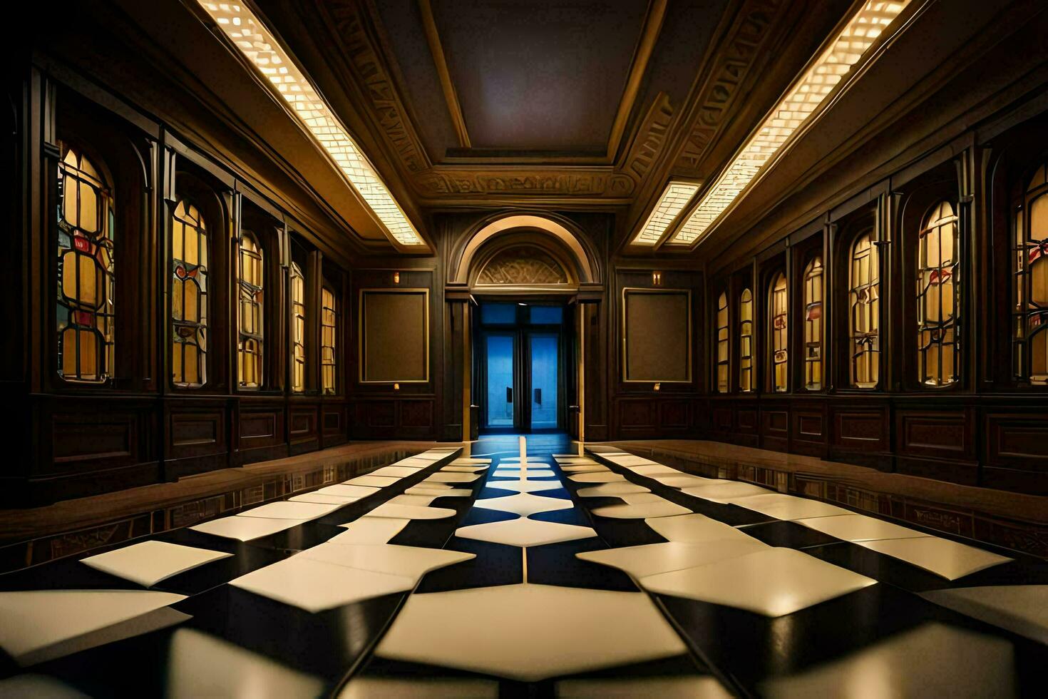 the hallway is lit up with lights and has a checkered floor. AI-Generated photo