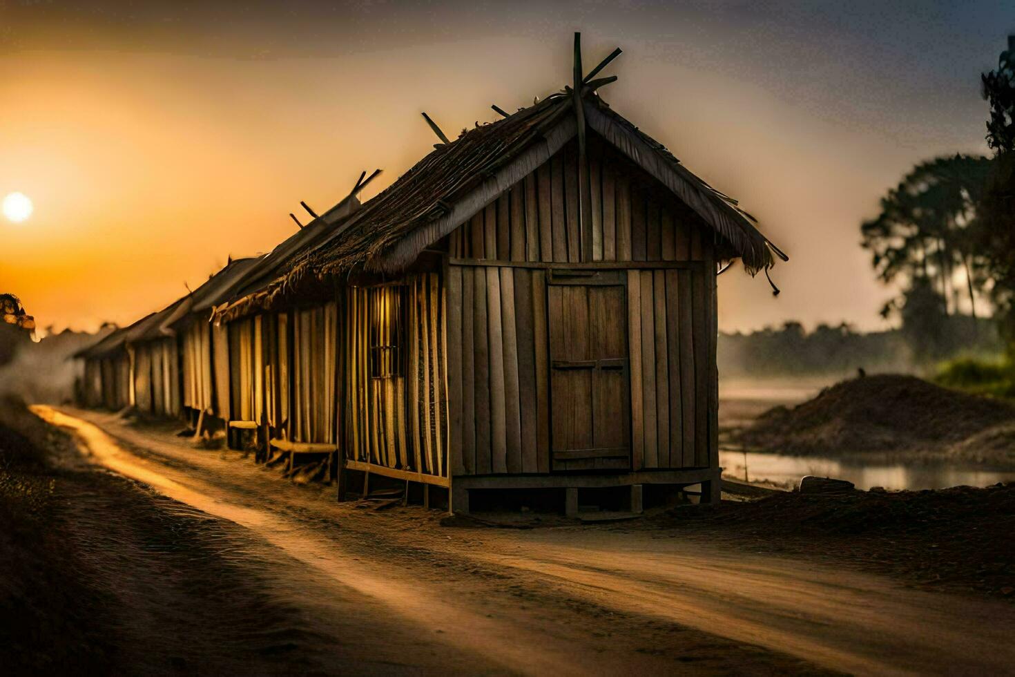 a row of wooden huts on a dirt road. AI-Generated photo