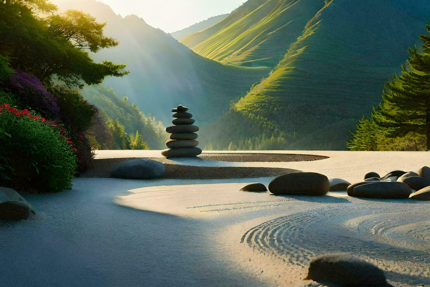 a zen garden in the mountains. AI-Generated photo