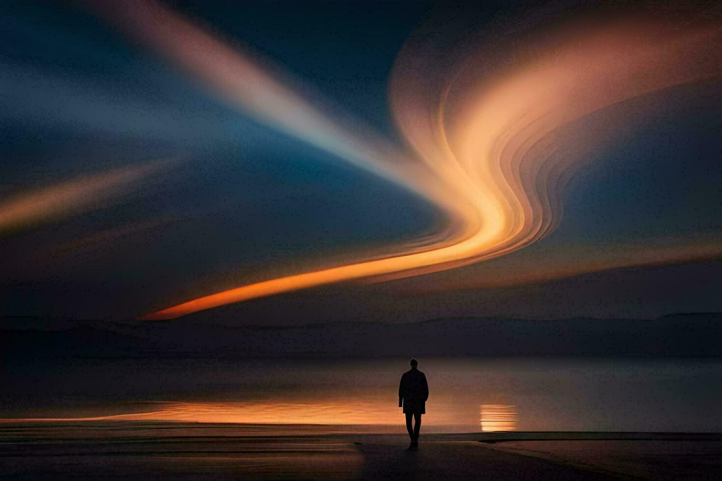 a man standing on the beach at night with a long streak of light. AI-Generated photo