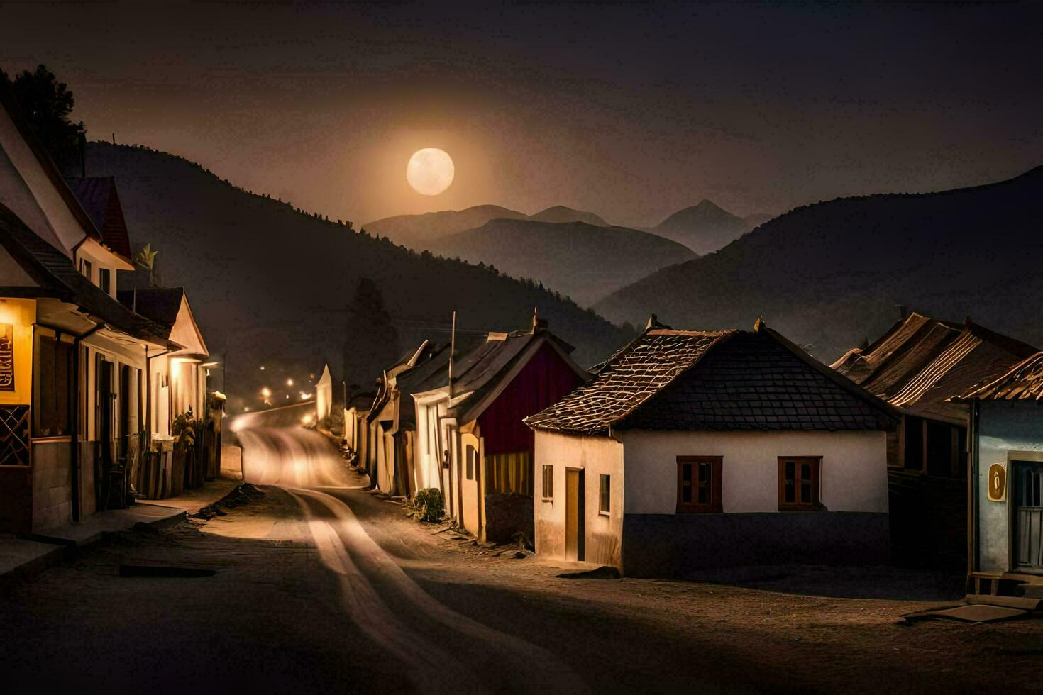 photo wallpaper the moon, night, the village, the moon, the village, the moonlight. AI-Generated