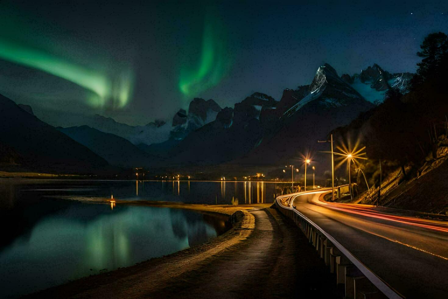 the aurora lights shine over a road and mountains. AI-Generated photo