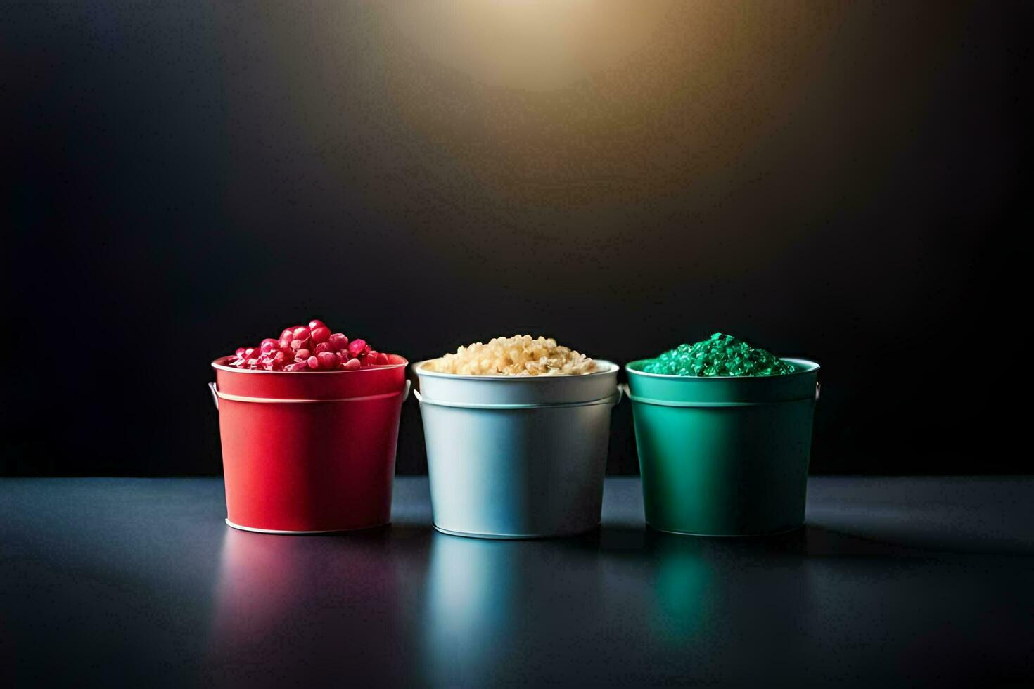 three buckets of colored candy on a dark background. AI-Generated photo