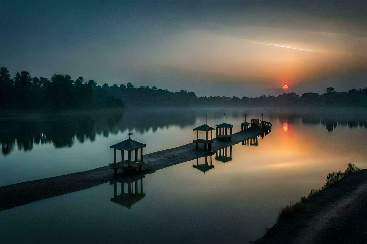 a lake with a dock and a sun setting over it. AI-Generated photo