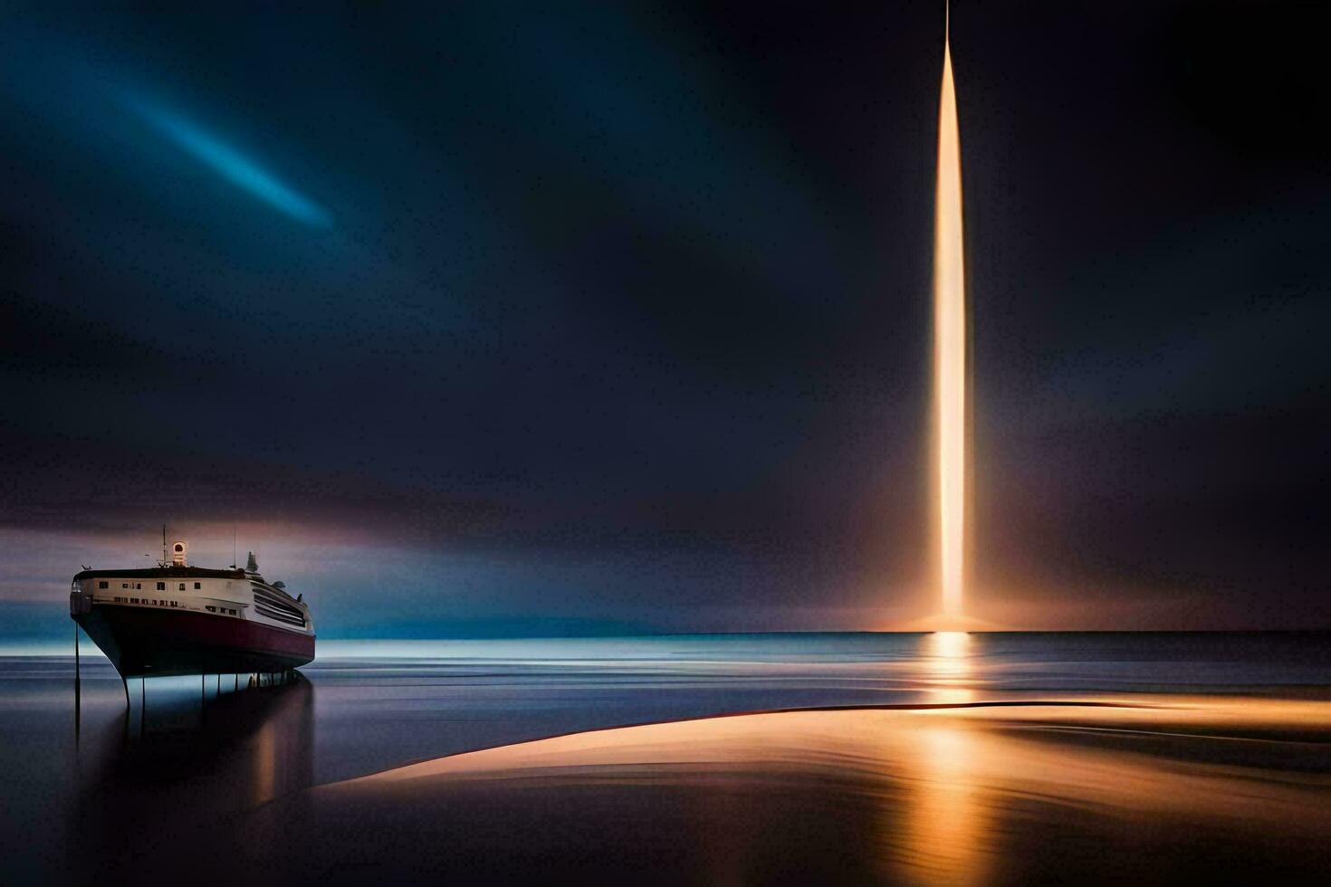 a boat is sitting on the water at night. AI-Generated photo