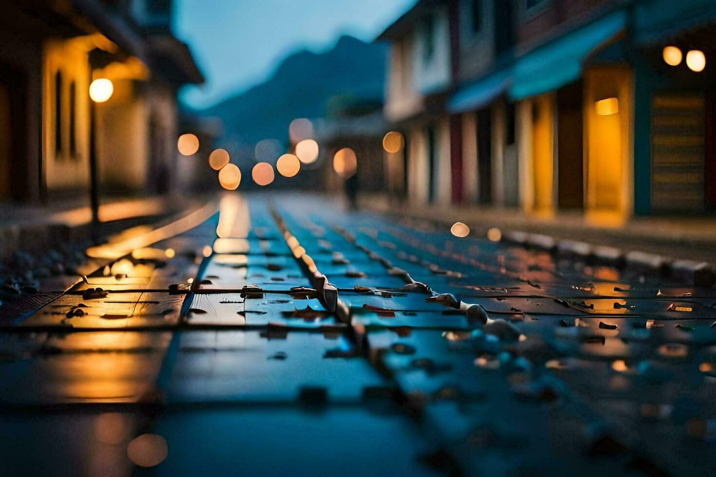 un calle con luces en eso a noche. generado por ai foto