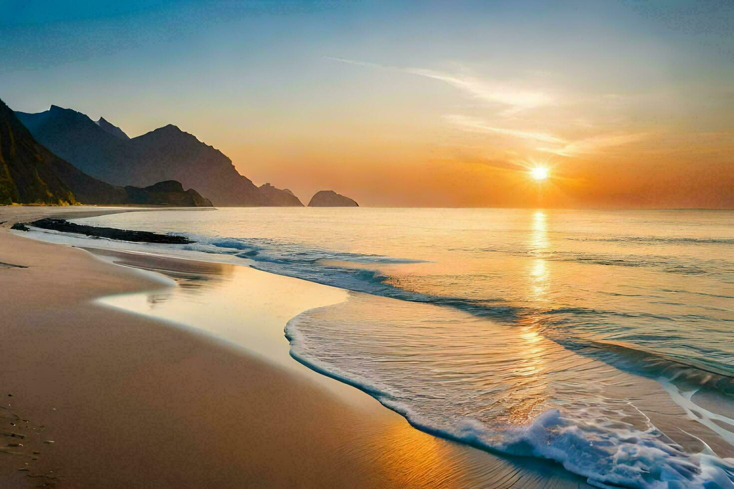 the sun sets over the ocean and mountains in this photo. AI-Generated photo