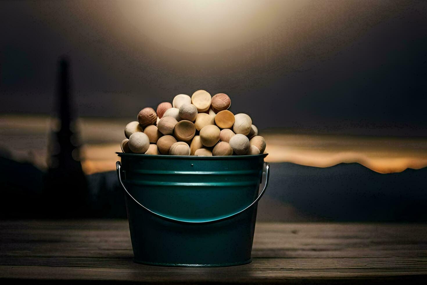 un Cubeta lleno con nueces en un de madera mesa. generado por ai foto