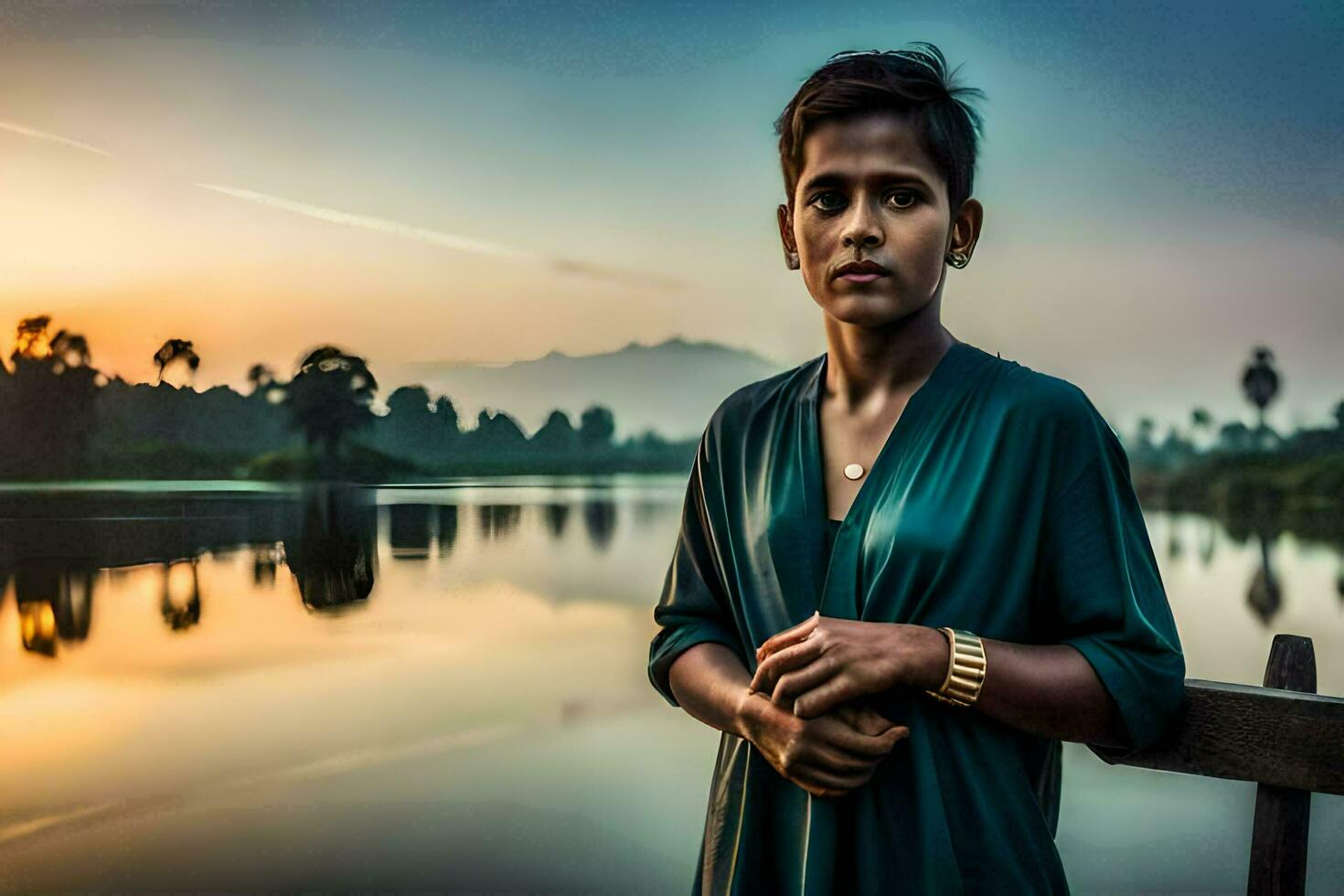 a woman standing on a bridge near a lake. AI-Generated photo