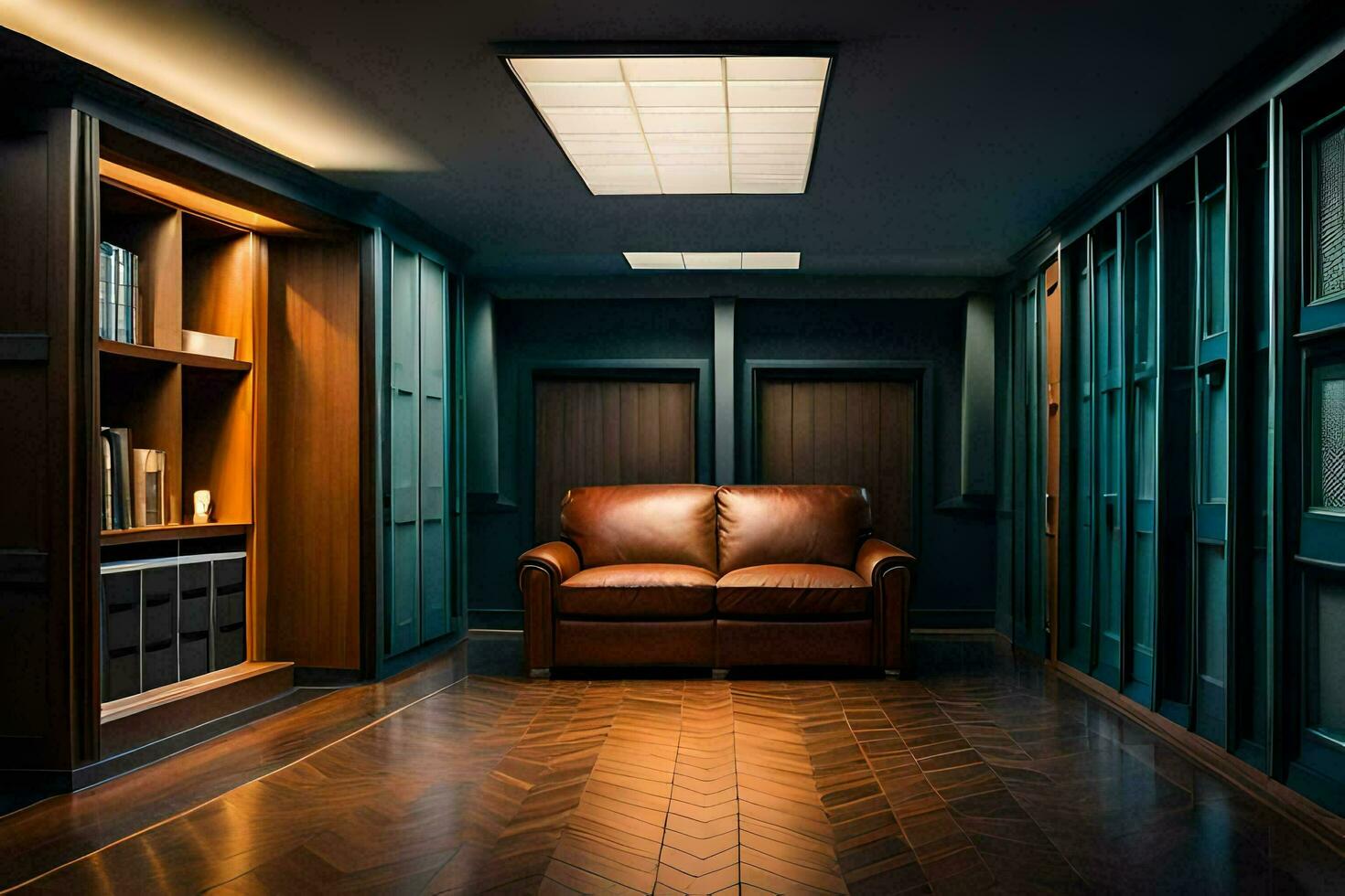 a leather couch in a dark room with wooden floors. AI-Generated photo
