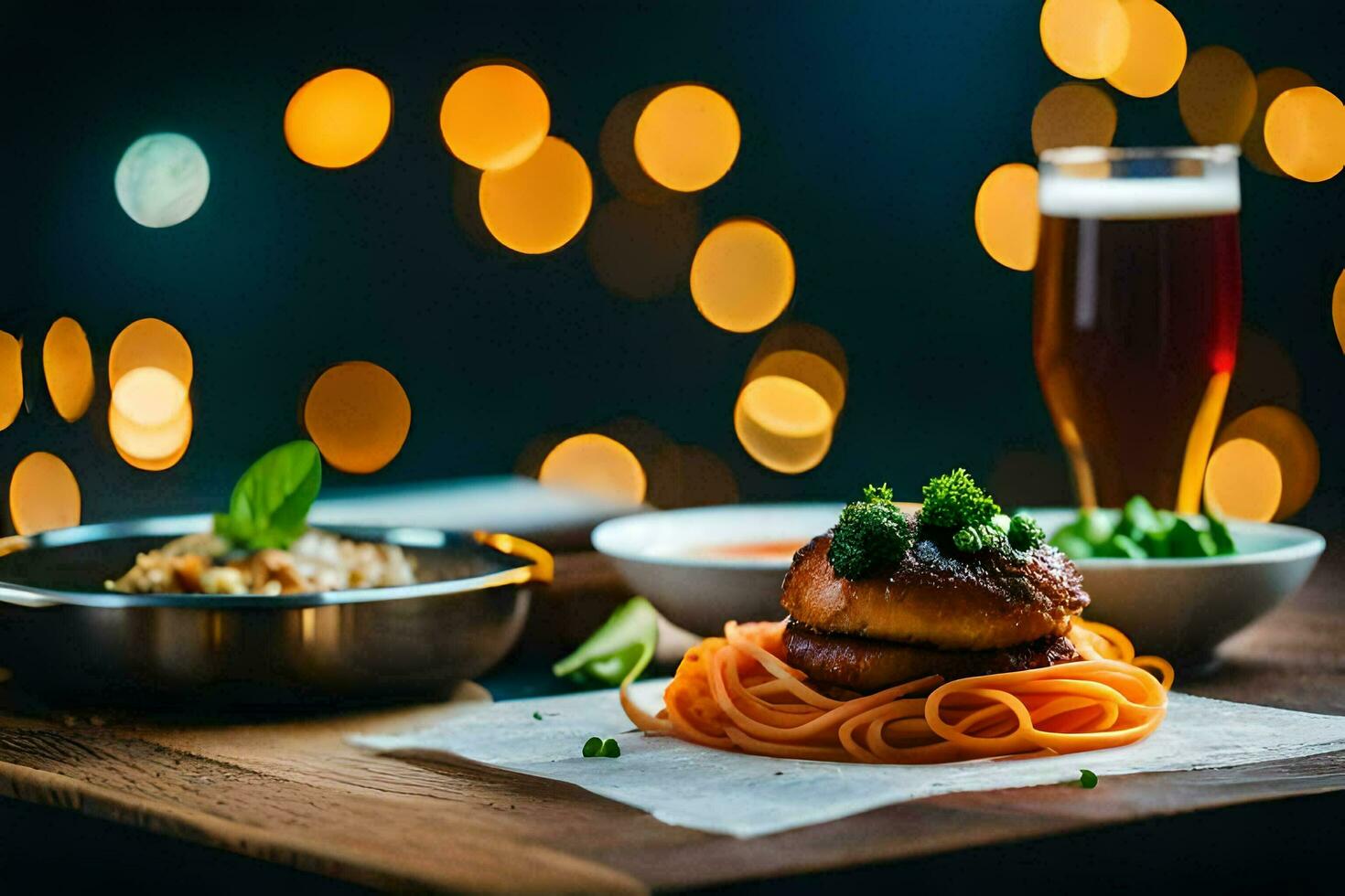 a plate of spaghetti and meatballs with a beer. AI-Generated photo