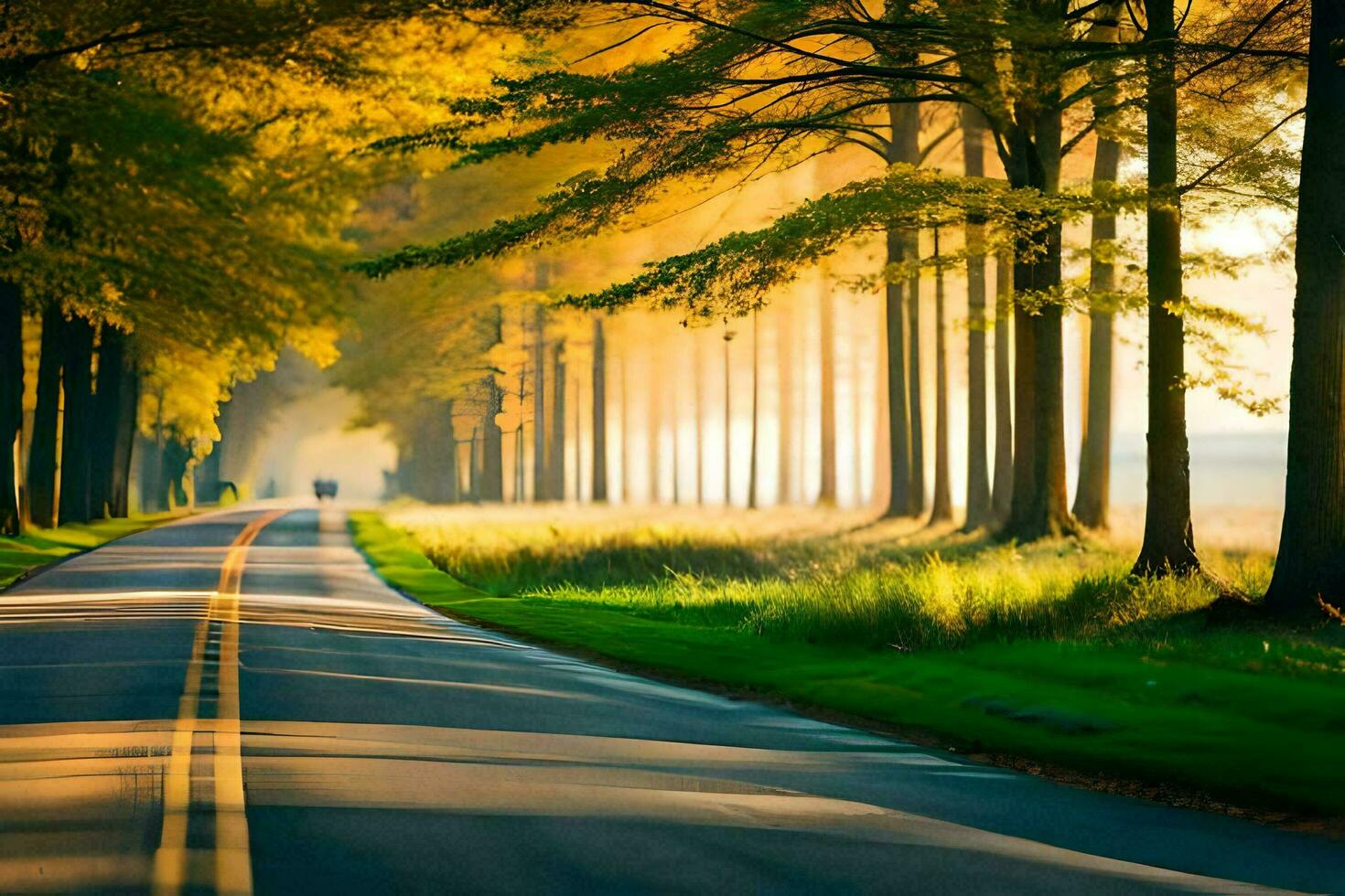 a road lined with trees and the sun shining through. AI-Generated photo