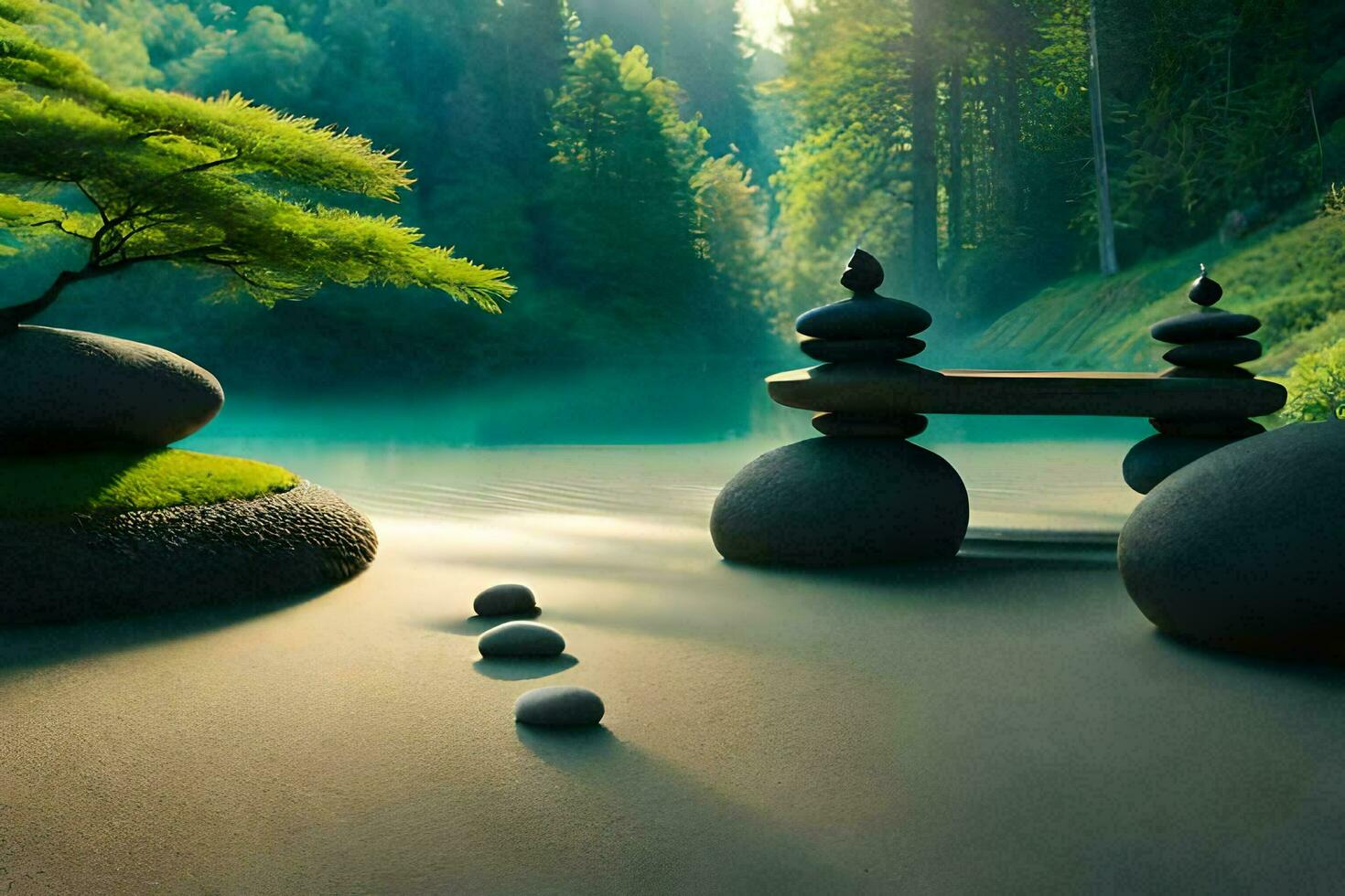 a zen garden with stones and a tree. AI-Generated photo
