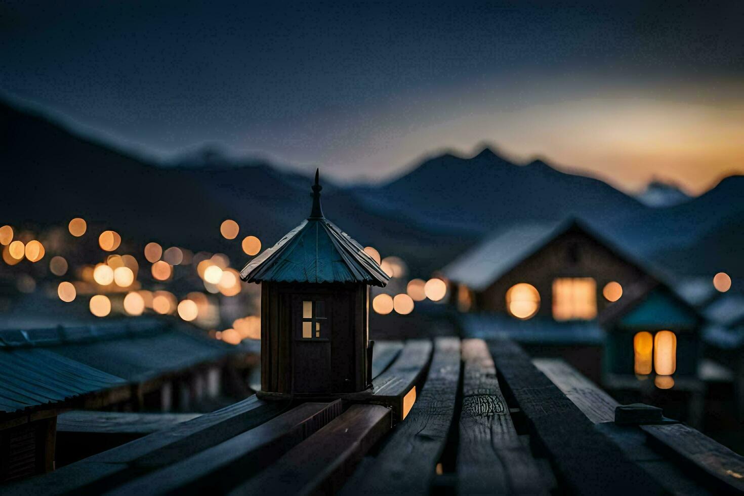 a small wooden house sits on a wooden deck overlooking a mountain. AI-Generated photo