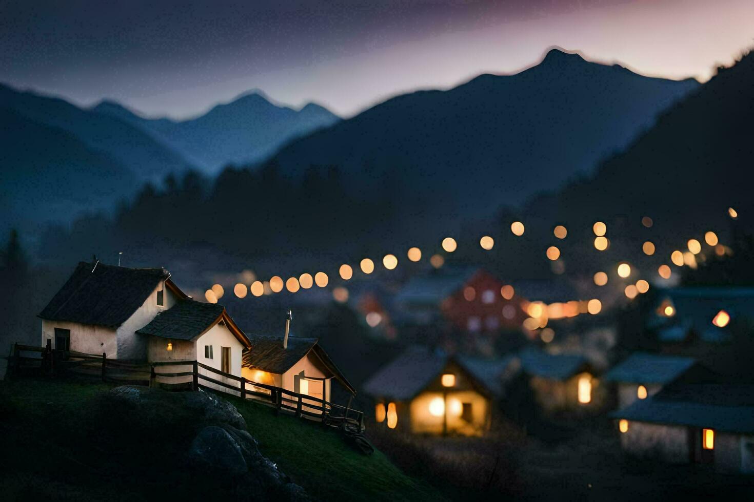 photo wallpaper the sky, mountains, lights, the village, the lights, the village, the. AI-Generated