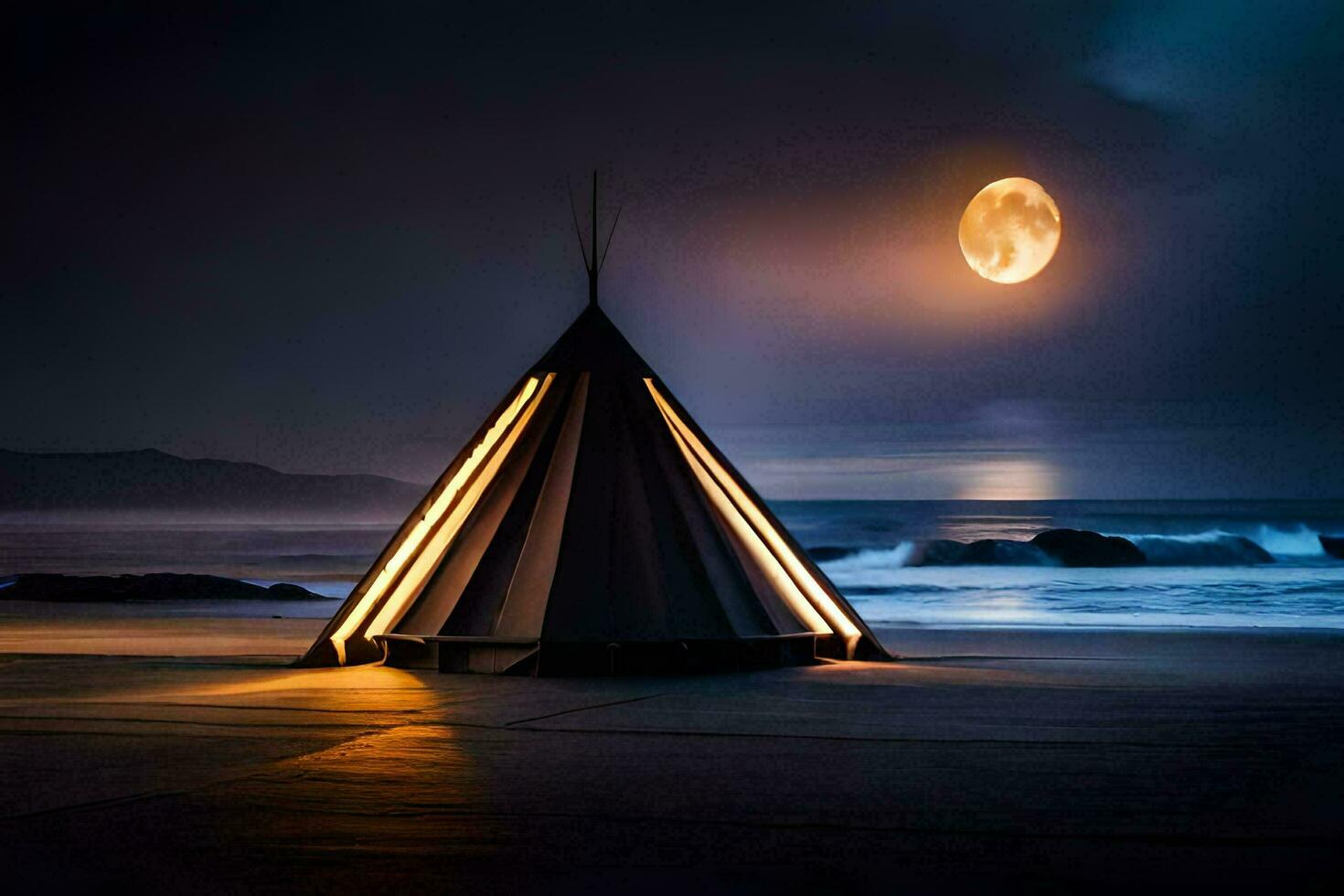 un tipi en el playa con un lleno Luna en el antecedentes. generado por ai foto