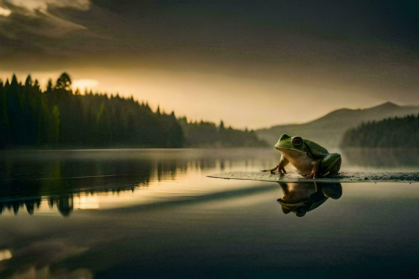 a frog sitting on the edge of a lake at sunset. AI-Generated photo