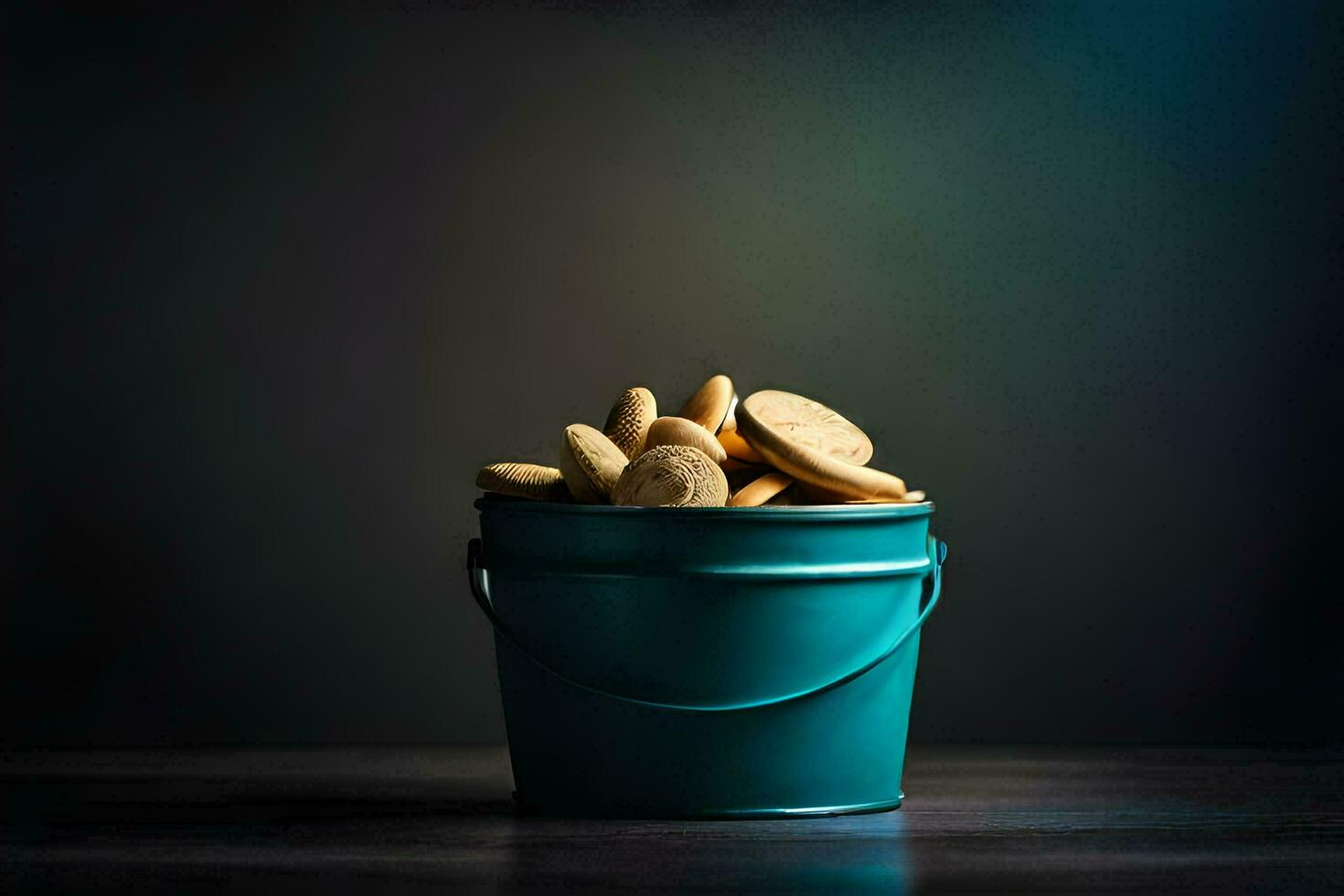 a bucket filled with cookies on a dark background. AI-Generated photo