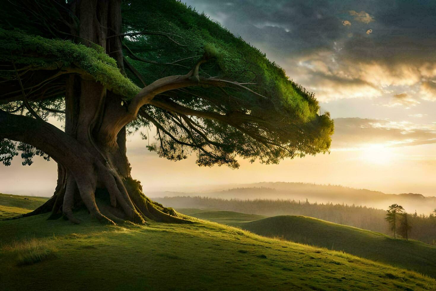 a tree on a hill with the sun setting behind it. AI-Generated photo