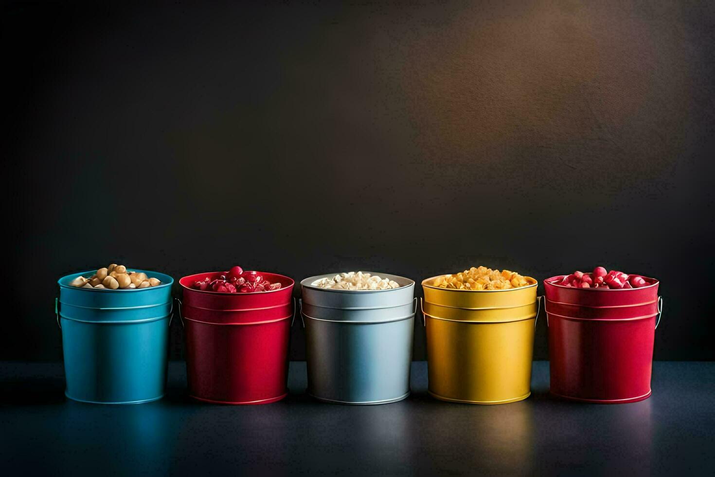 five colorful buckets with popcorn on a black background. AIGenerated