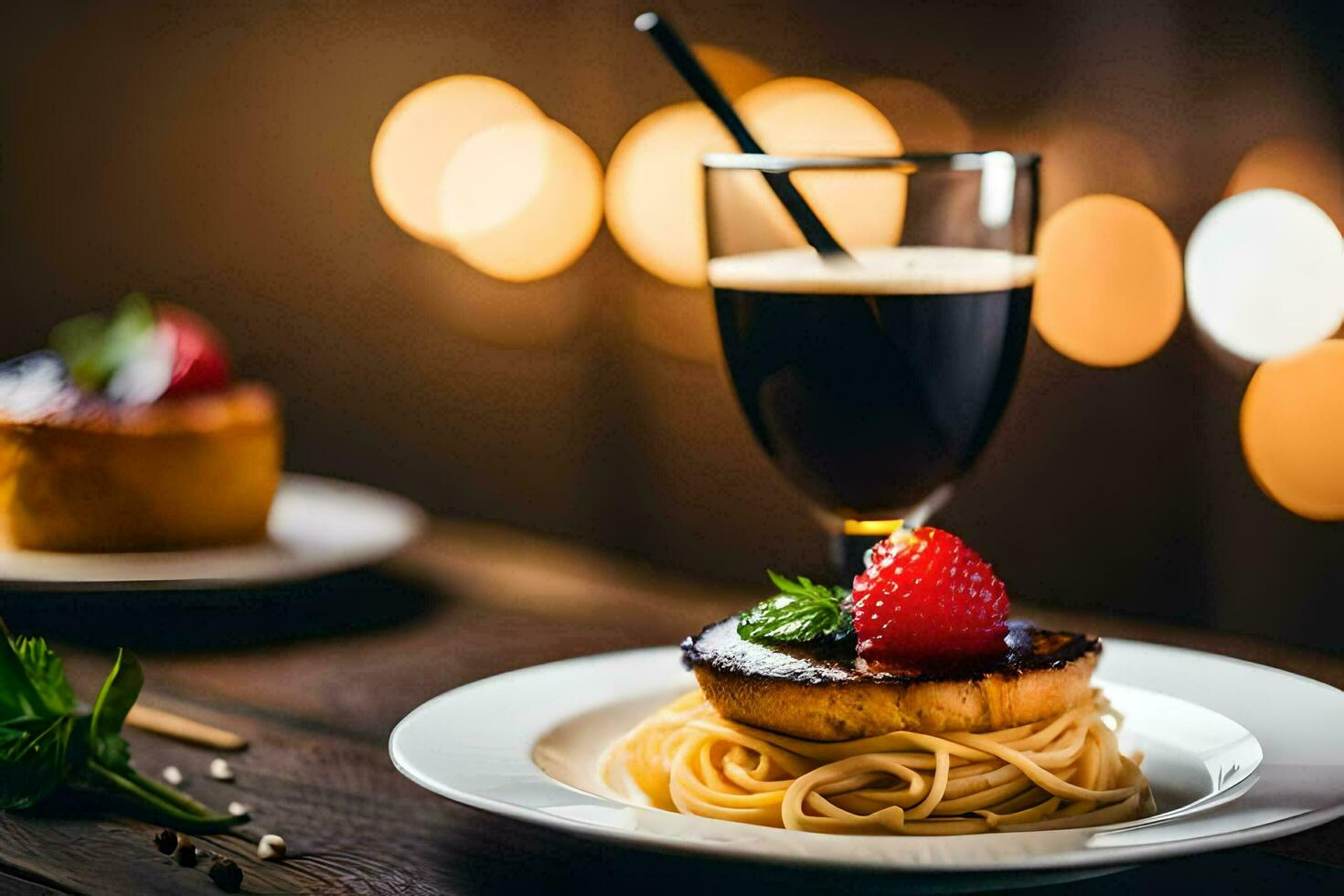 a plate of pasta with strawberries and a glass of wine. AI-Generated photo