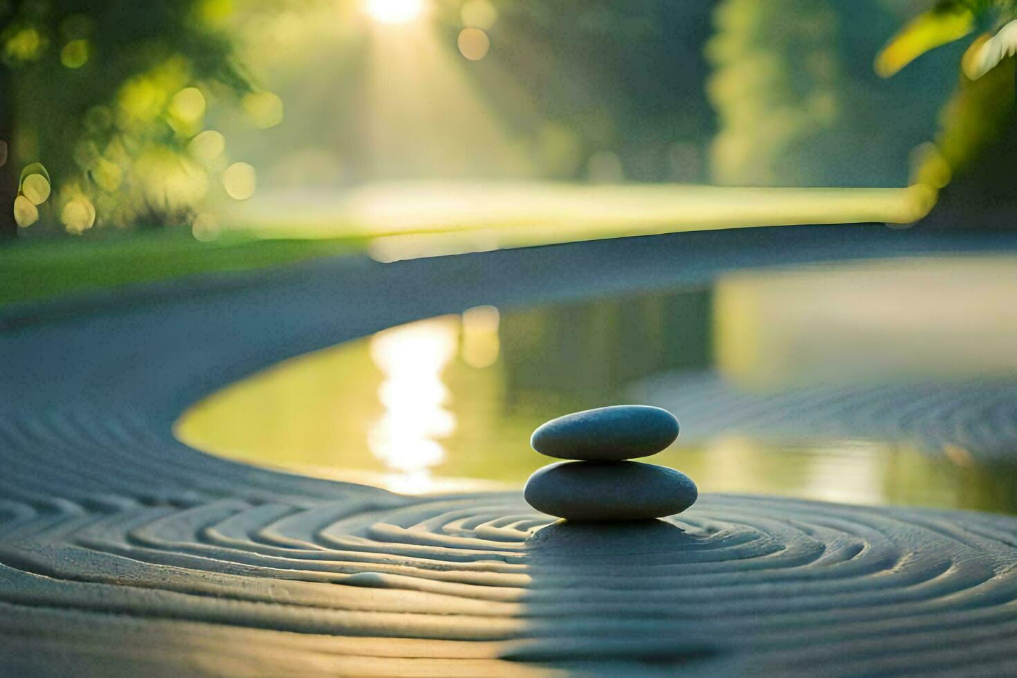 two stones are sitting on a path in front of a pond. AI-Generated photo