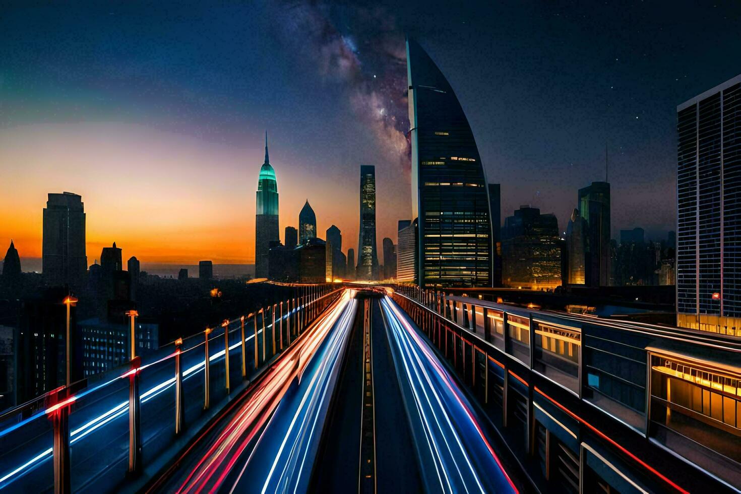 a city skyline at night with traffic lights. AI-Generated photo