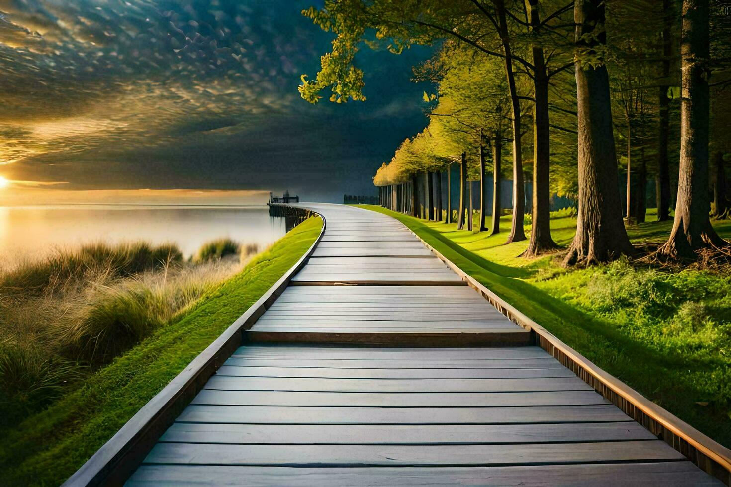 a wooden walkway leads to the water at sunset. AI-Generated photo