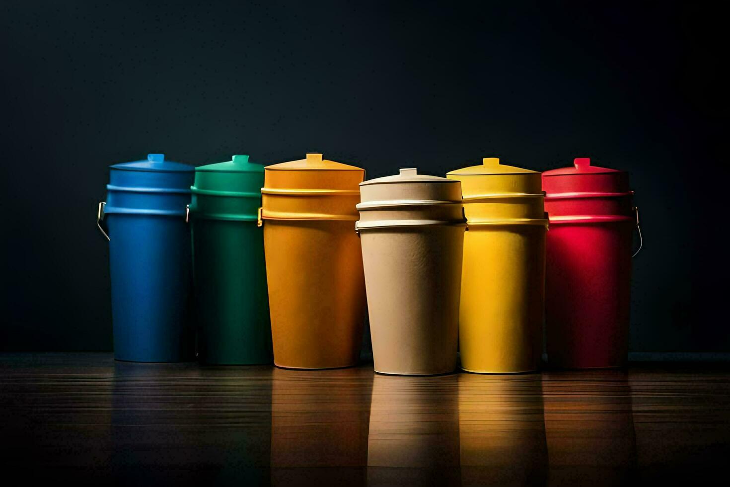 a row of colorful plastic cups on a dark background. AI-Generated photo