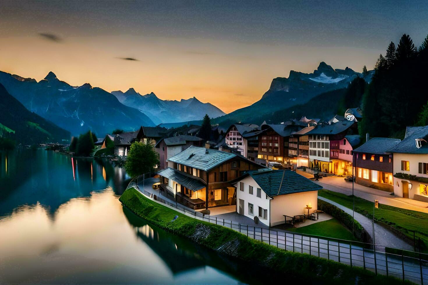 a town is seen in the mountains at sunset. AI-Generated photo