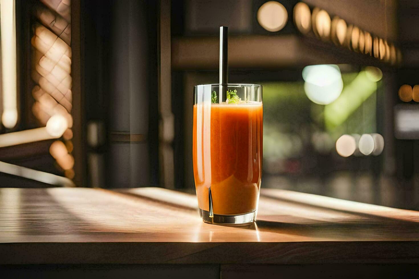a glass of orange juice sitting on a table. AI-Generated photo