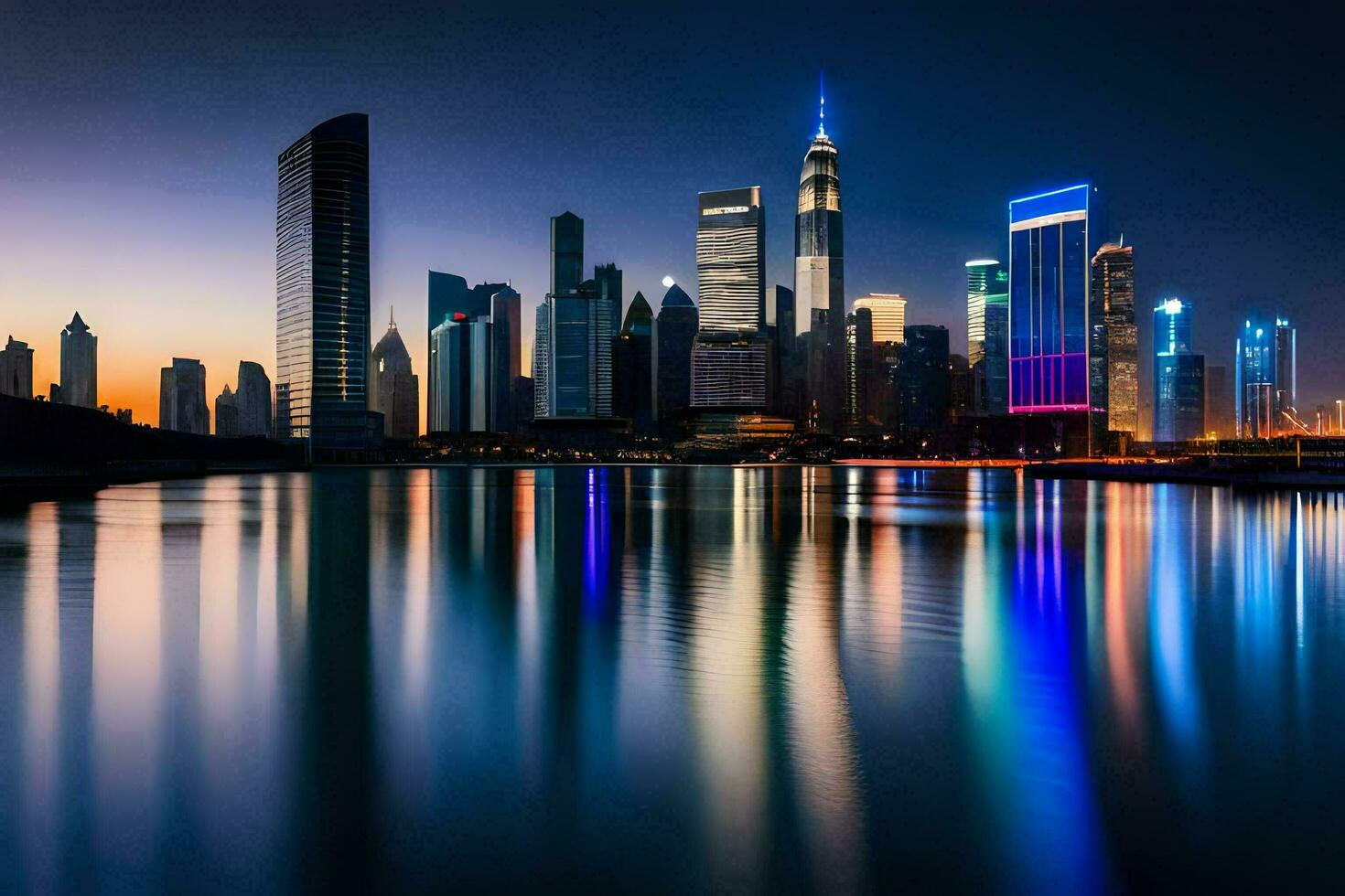 el ciudad horizonte a noche con reflexiones en el agua. generado por ai foto