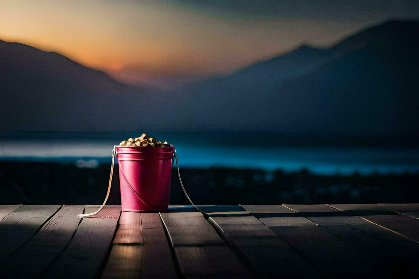 a bucket of popcorn on a wooden deck overlooking the ocean. AI-Generated photo